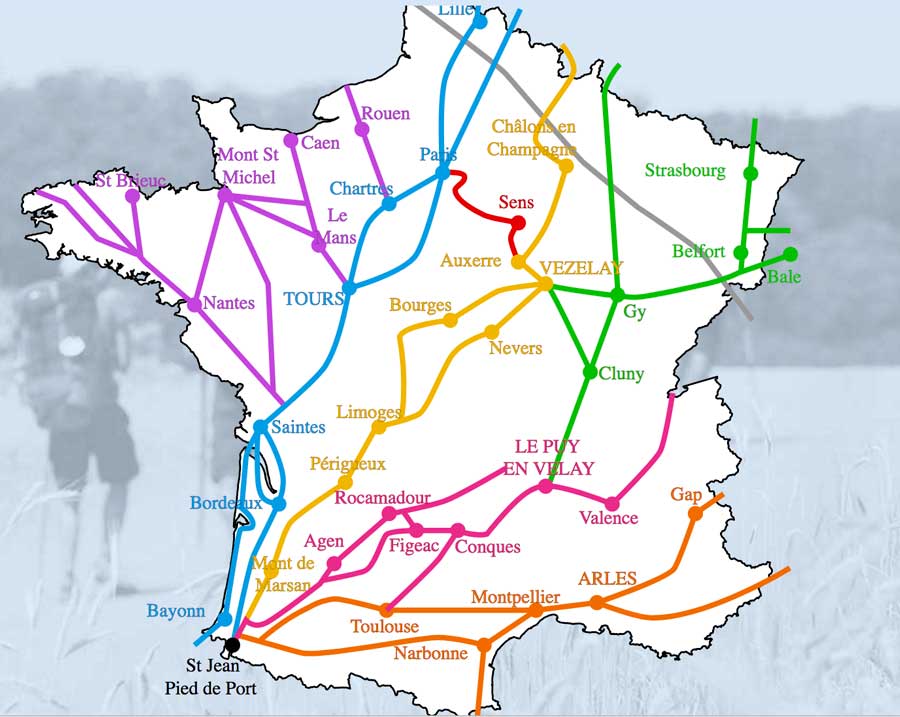 carte itinéraires Compostelle - crédit FFACC